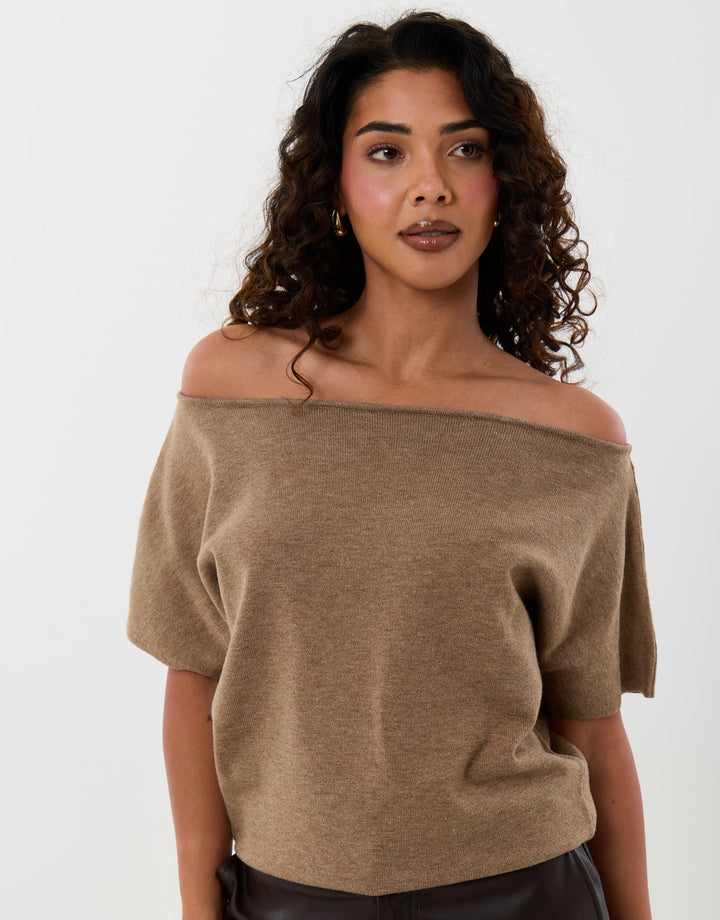 Threadbare Short Sleeve Slash Neck Jumper in Beige - front view