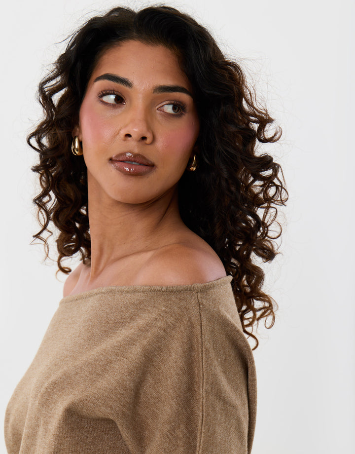 Threadbare Short Sleeve Slash Neck Jumper in Beige - detai