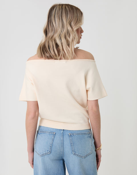 Threadbare Short Sleeve Slash Neck Jumper in Cream - back view