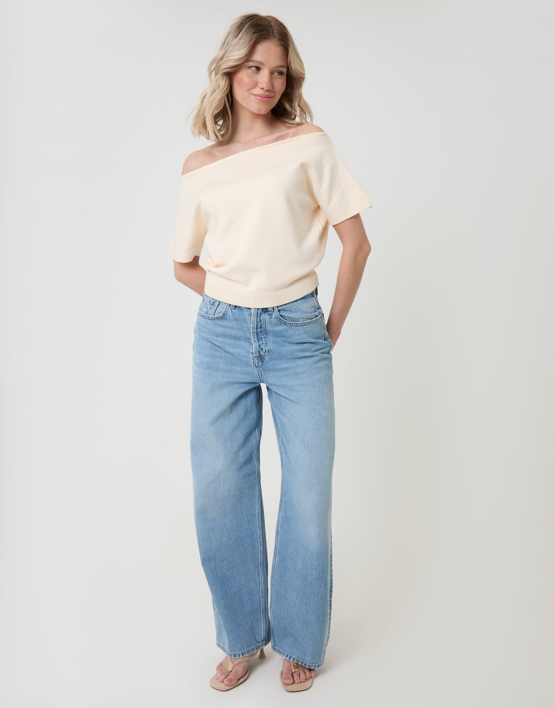 Threadbare Short Sleeve Slash Neck Jumper in Cream - full body