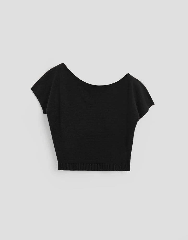Threadbare Short Sleeve Slash Neck Jumper in Black - flat lay