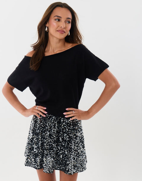 Threadbare Short Sleeve Slash Neck Jumper in Black - front view