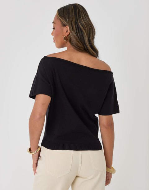 Threadbare Short Sleeve Slash Neck Jumper in Black - back view