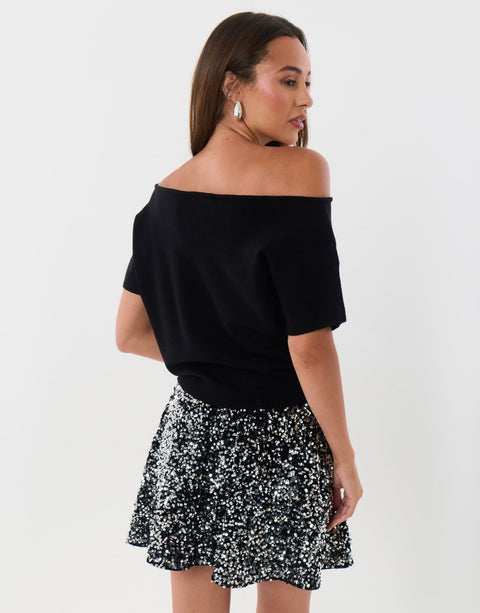 Threadbare Short Sleeve Slash Neck Jumper in Black - back view