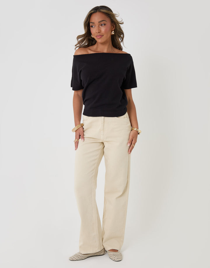 Threadbare Short Sleeve Slash Neck Jumper in Black - full body