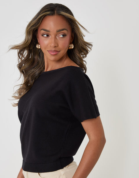 Threadbare Short Sleeve Slash Neck Jumper in Black - close up