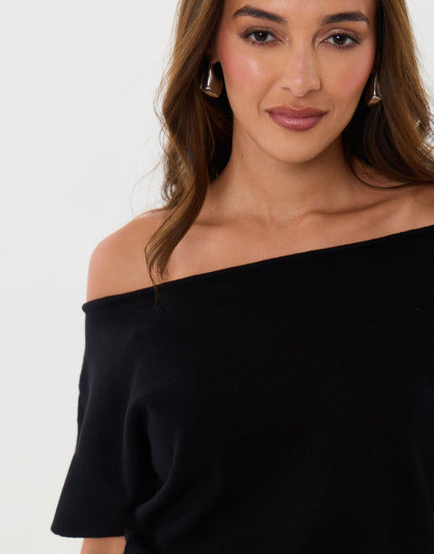 Threadbare Short Sleeve Slash Neck Jumper in Black - close up