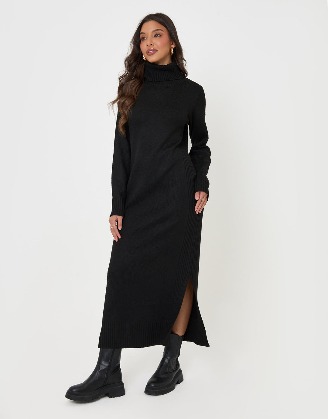Petite Turtle Neck Maxi Jumper Dress in Black