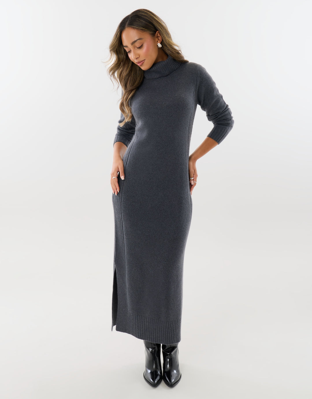 Turtle Neck Maxi Jumper Dress in Charcoal Grey