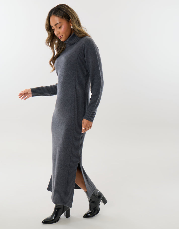 Turtle Neck Maxi Jumper Dress in Charcoal Grey