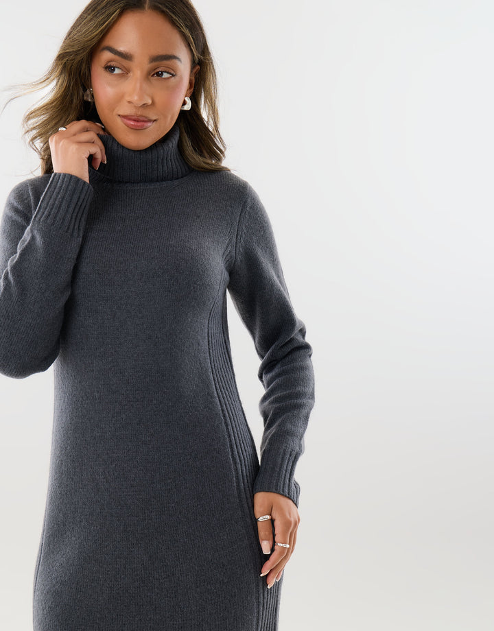 Turtle Neck Maxi Jumper Dress in Charcoal Grey