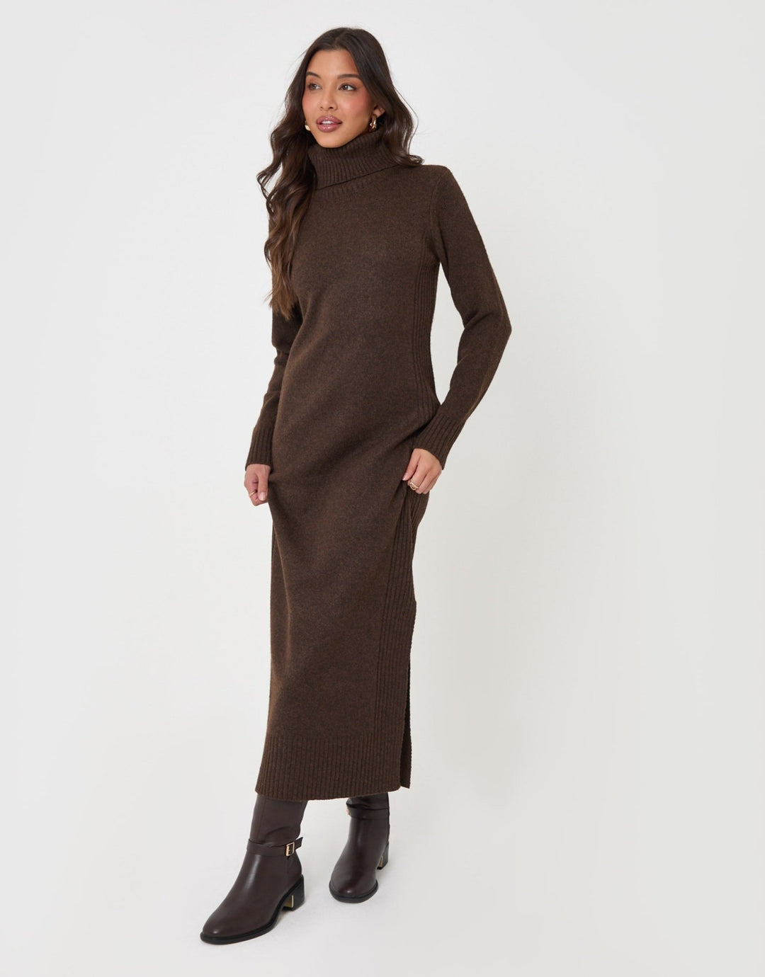 Threadbare Turtle Neck Jumper Maxi Dress in Chocolate Brown - front view