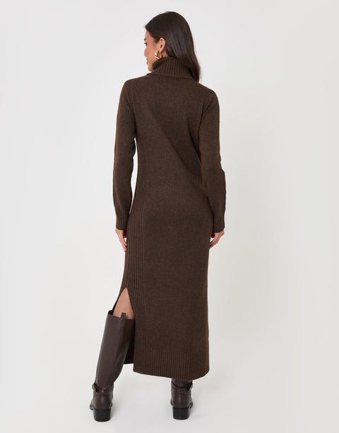 Threadbare Turtle Neck Jumper Maxi Dress in Chocolate Brown - back view