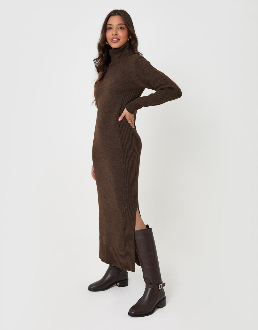 Threadbare Turtle Neck Jumper Maxi Dress in Chocolate Brown - full body
