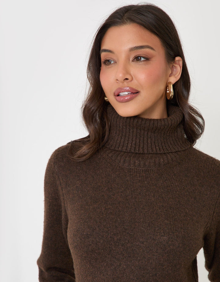 Threadbare Turtle Neck Jumper Maxi Dress in Chocolate Brown - close up