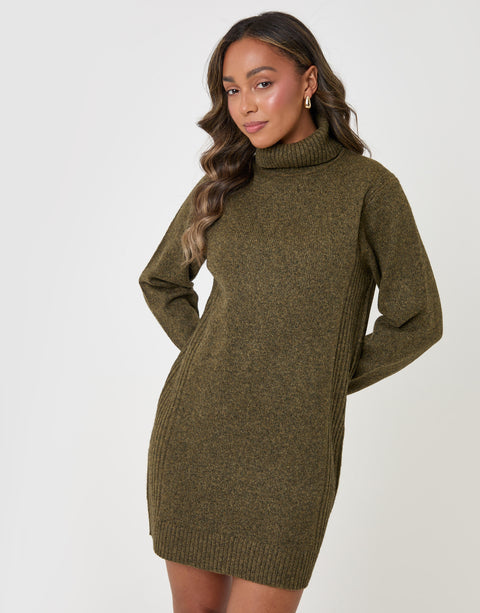 Threadbare Wool Blend Roll Neck Mini Dress in Olive Green - front view