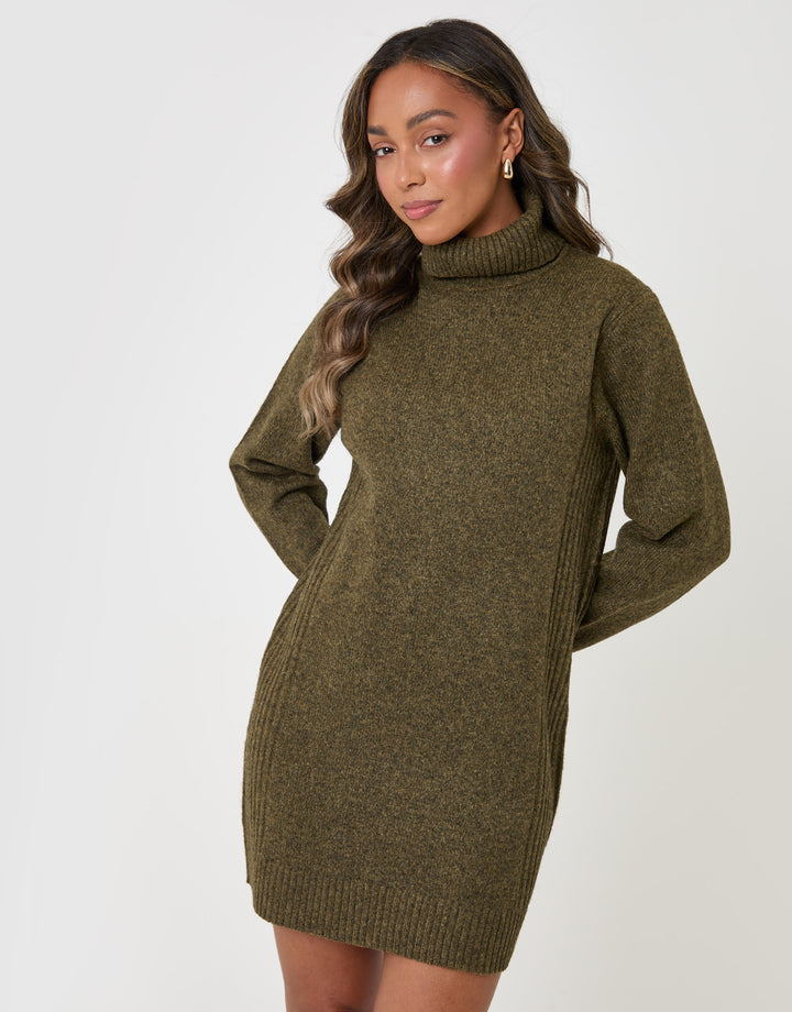 Threadbare Wool Blend Roll Neck Mini Dress in Olive Green - front view