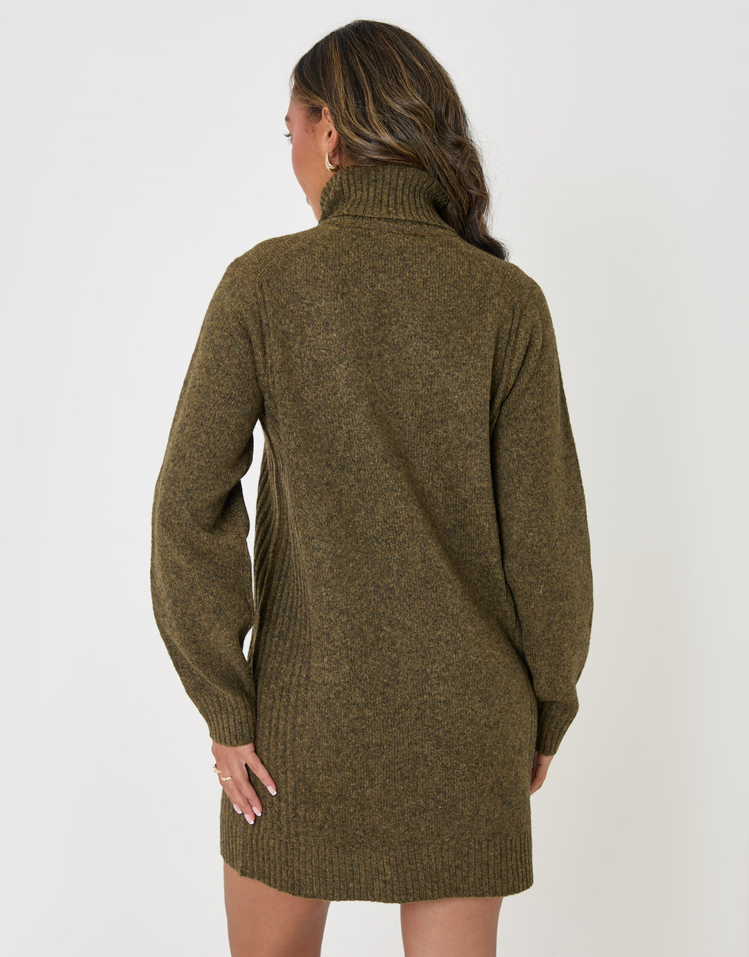 Threadbare Wool Blend Roll Neck Mini Dress in Olive Green - back view