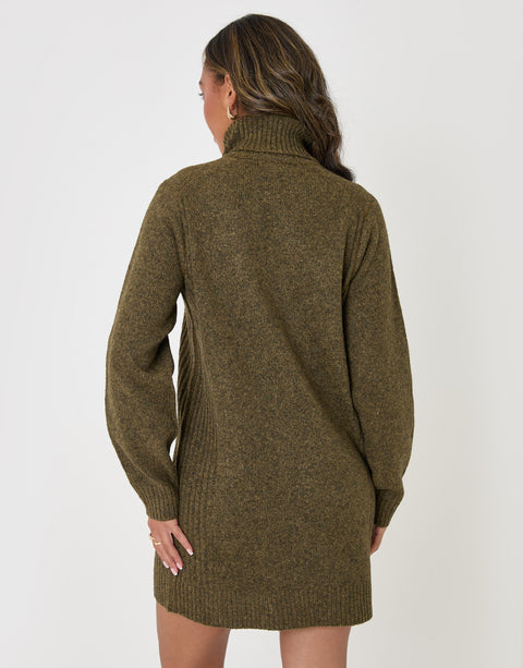 Threadbare Wool Blend Roll Neck Mini Dress in Olive Green - back view
