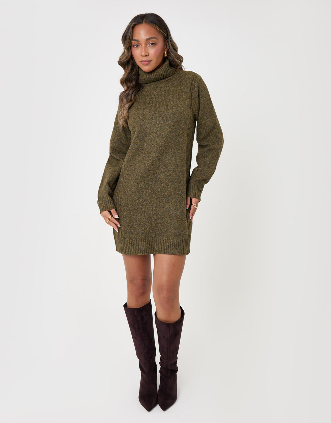 Threadbare Wool Blend Roll Neck Mini Dress in Olive Green - full body