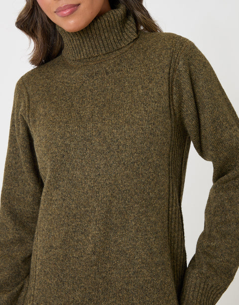 Threadbare Wool Blend Roll Neck Mini Dress in Olive Green - detail