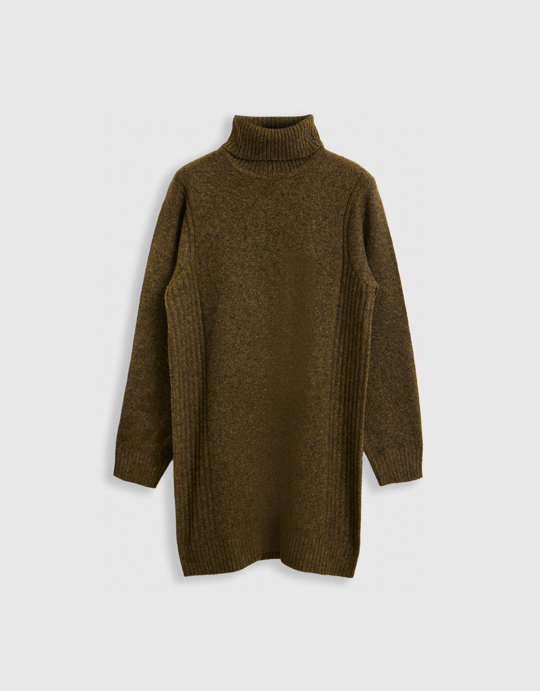 Wool Blend Roll Neck Mini Dress in Olive Green