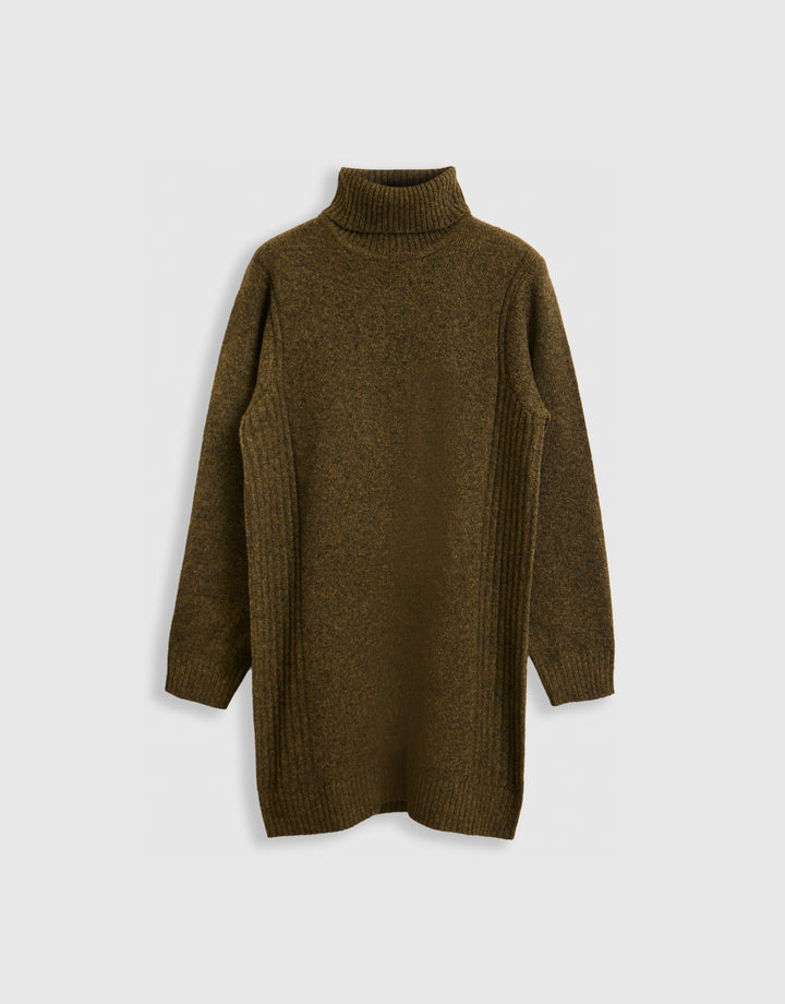 Wool Blend Roll Neck Mini Dress in Olive Green
