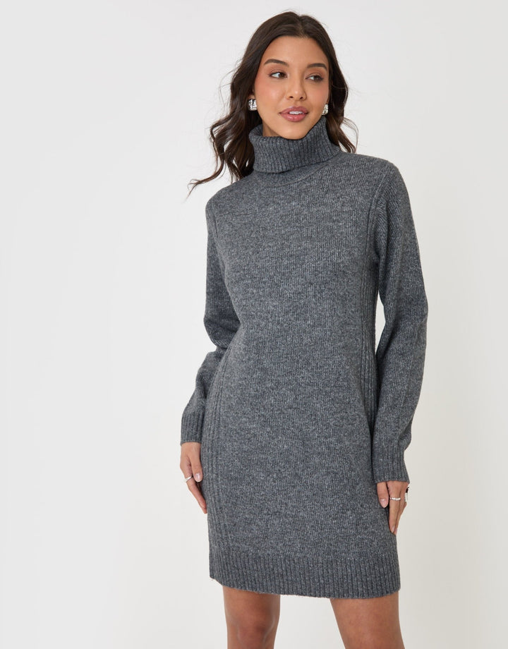 Turtle Neck Mini Jumper Dress in Charcoal Grey