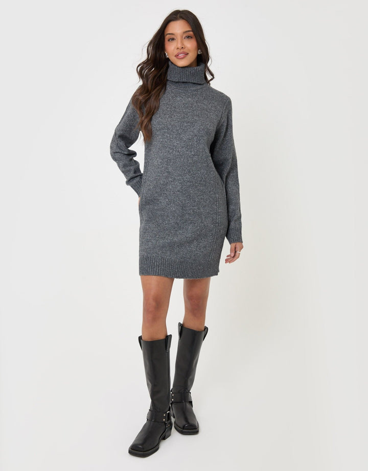 Turtle Neck Mini Jumper Dress in Charcoal Grey