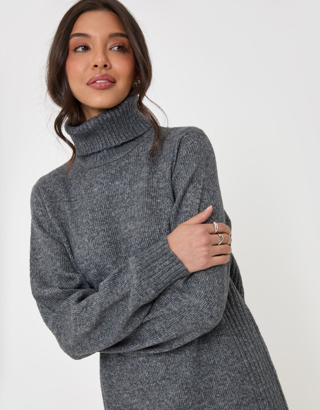 Turtle Neck Mini Jumper Dress in Charcoal Grey