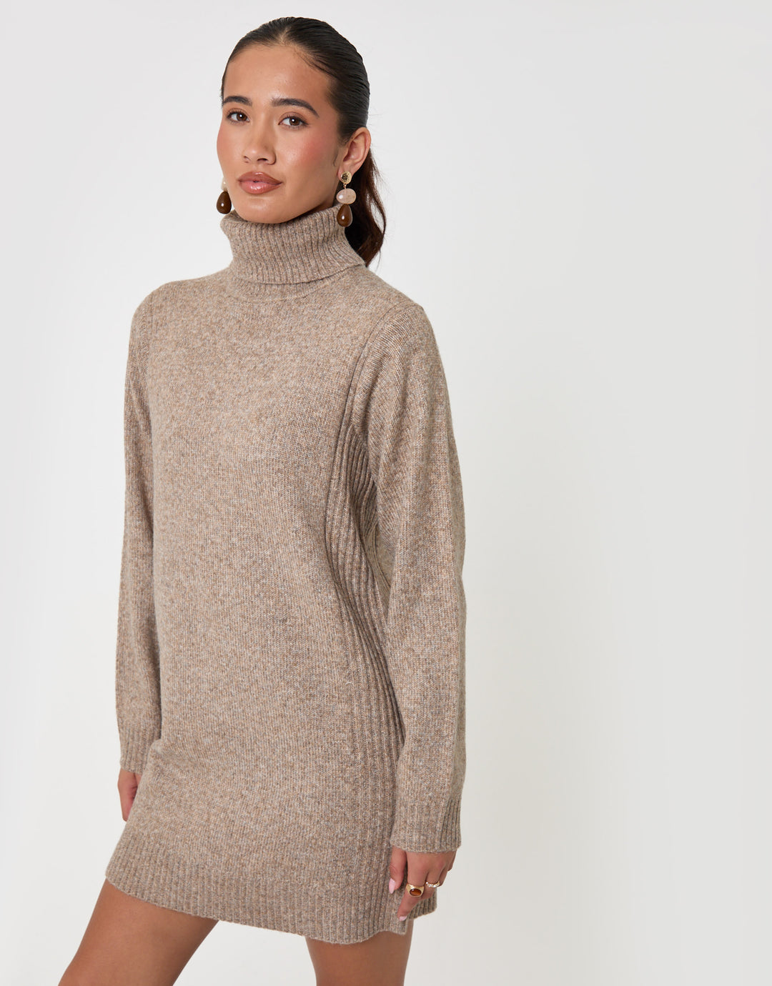 Threadbare Wool Blend Roll Neck Mini Dress in Beige - front view