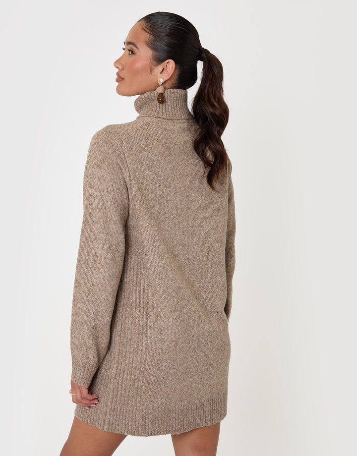 Threadbare Wool Blend Roll Neck Mini Dress in Beige - back view