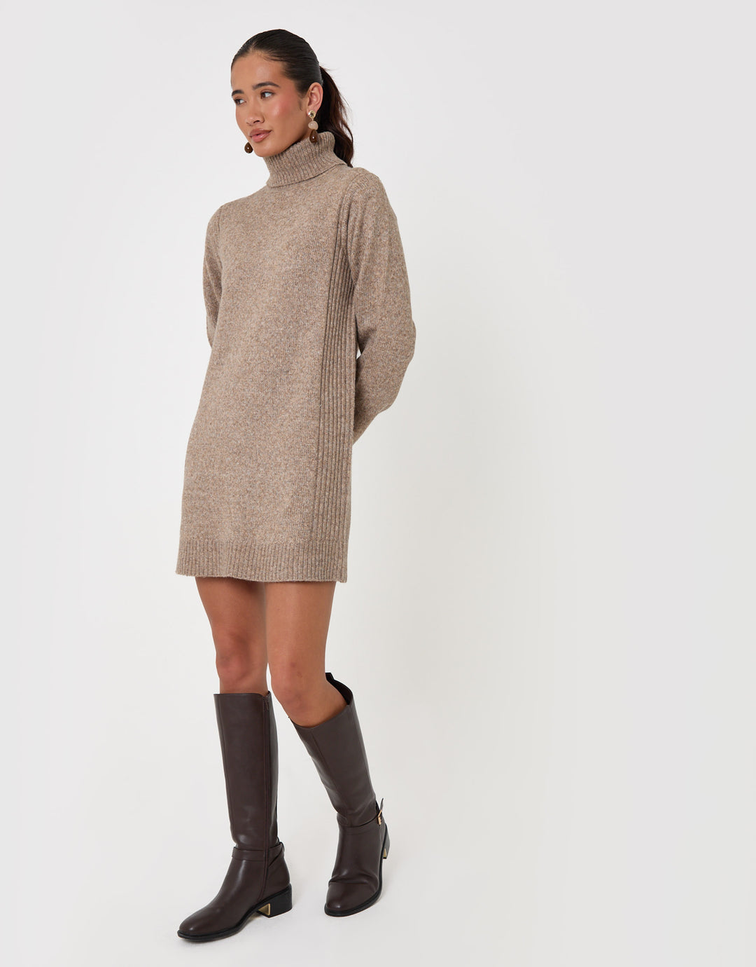 Threadbare Wool Blend Roll Neck Mini Dress in Beige - full body