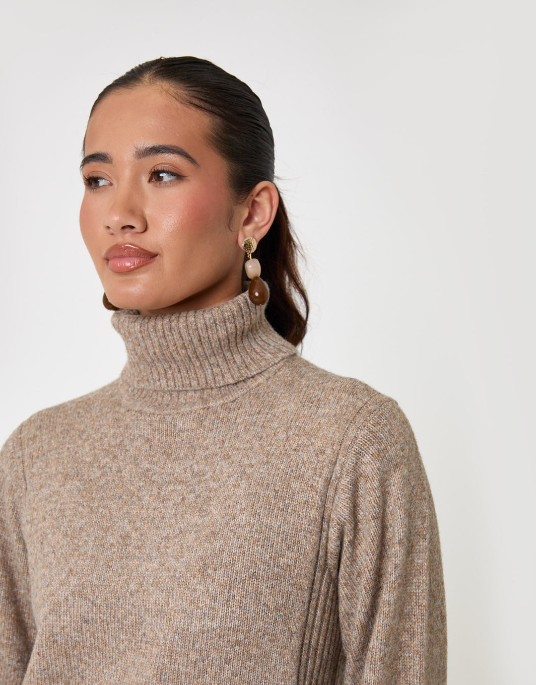 Threadbare Wool Blend Roll Neck Mini Dress in Beige - close up
