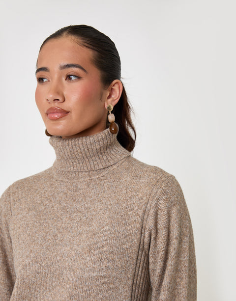 Threadbare Wool Blend Roll Neck Mini Dress in Beige - close up
