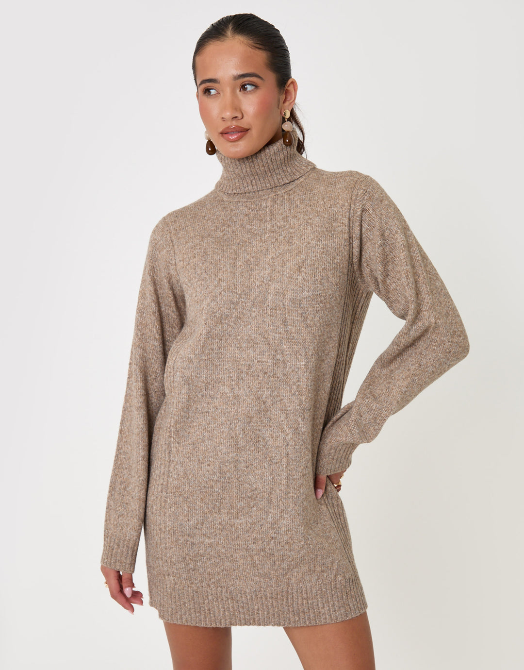 Threadbare Wool Blend Roll Neck Mini Dress in Beige -  front view pose
