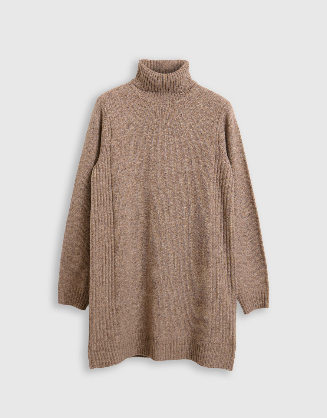 Wool Blend Roll Neck Mini Dress in Beige