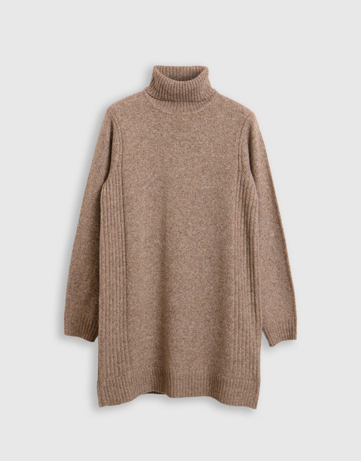 Wool Blend Roll Neck Mini Dress in Beige