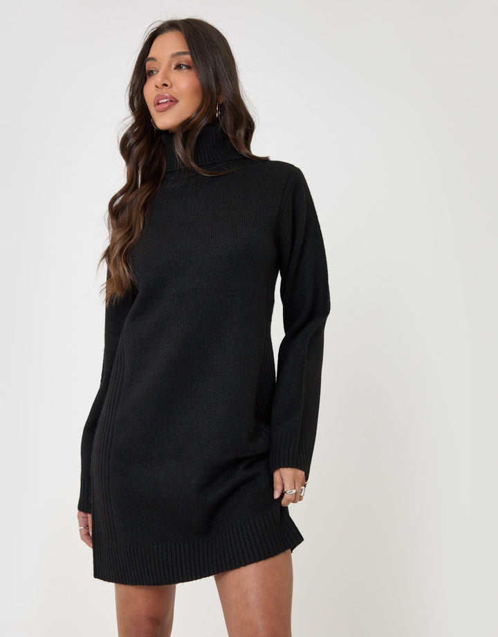 Turtle Neck Mini Jumper Dress in Black