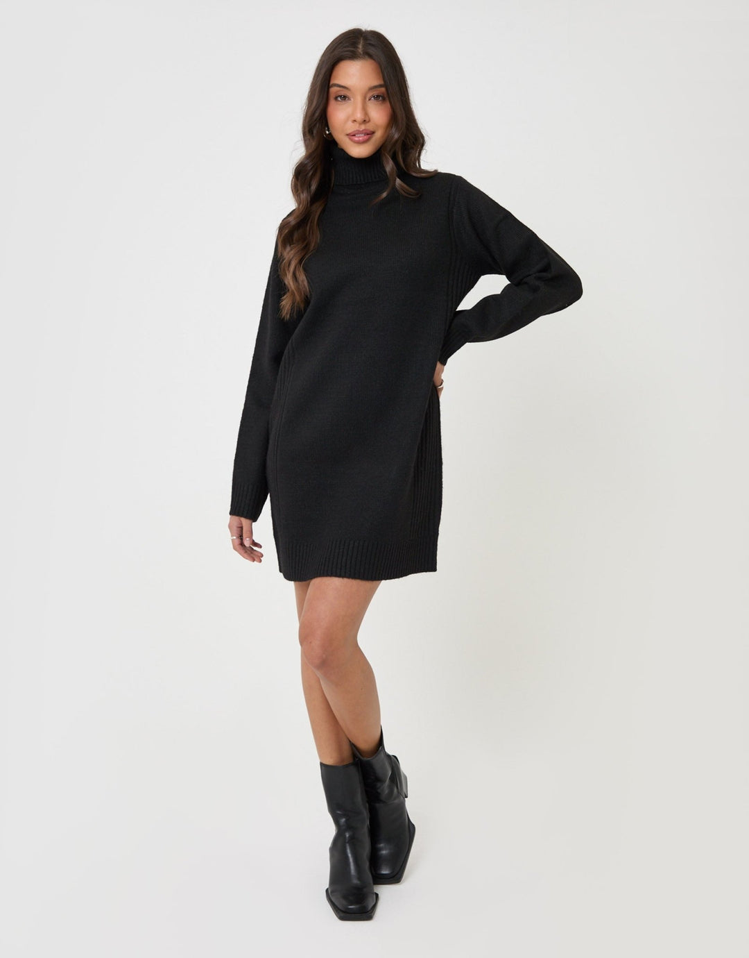 Turtle Neck Mini Jumper Dress in Black