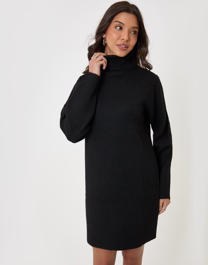 Turtle Neck Mini Jumper Dress in Black