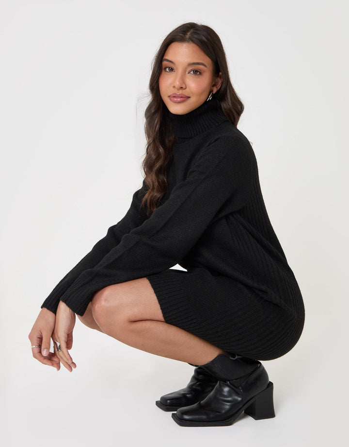 Turtle Neck Mini Jumper Dress in Black