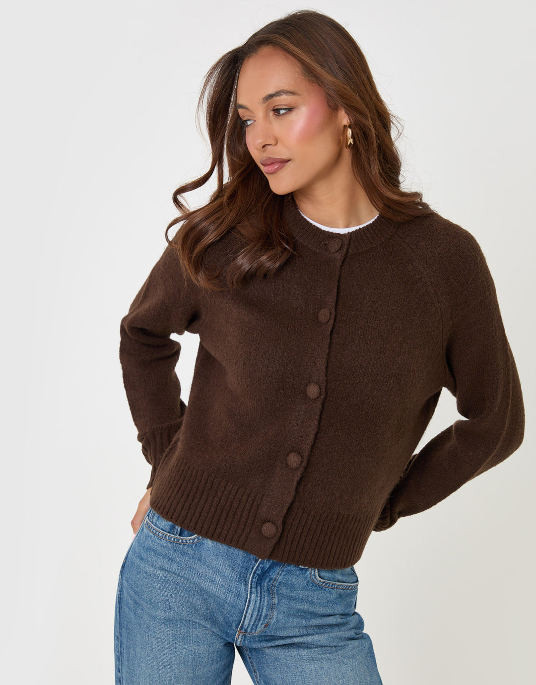 Threadbare Relaxed Fit Knitted Cardigan in Brown - full body