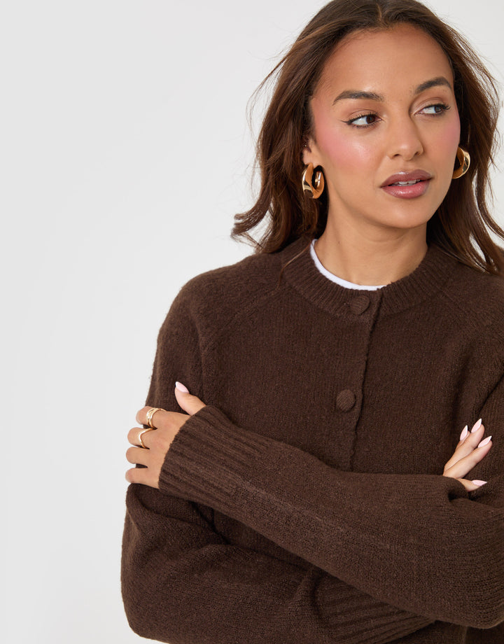 Threadbare Relaxed Fit Knitted Cardigan in Brown - close up