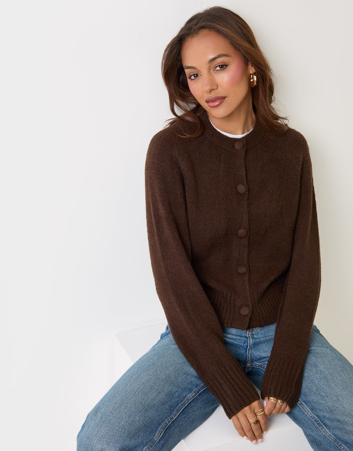 Threadbare Relaxed Fit Knitted Cardigan in Brown - sat down