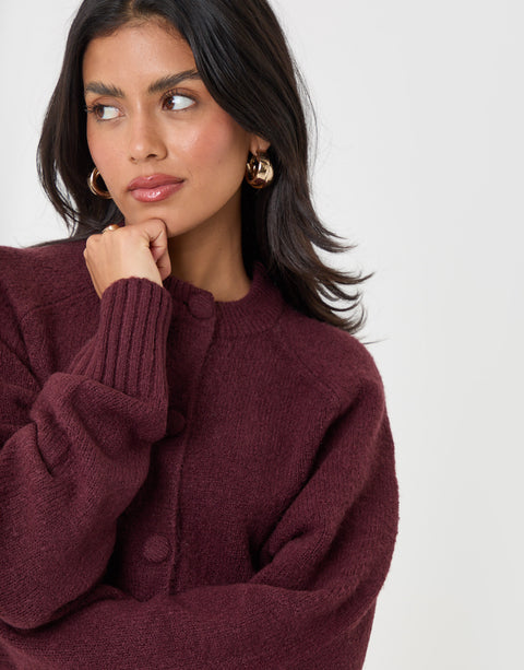 Threadbare Relaxed Fit Knitted Cardigan in Plum - close up