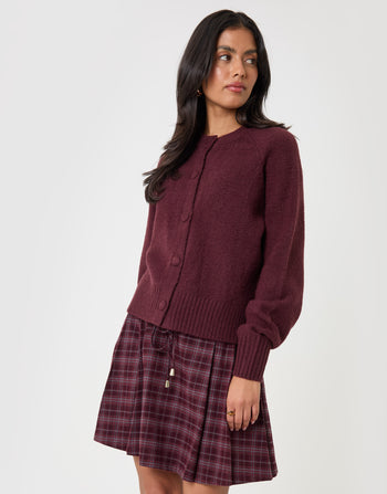 Threadbare Relaxed Fit Knitted Cardigan in Plum - front view