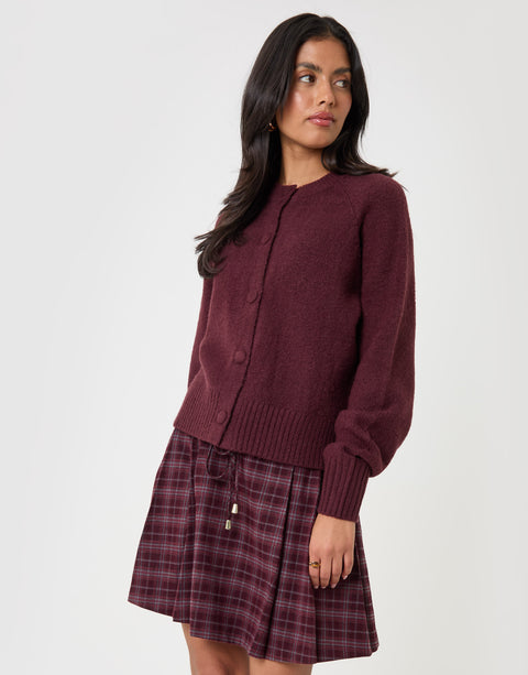 Threadbare Relaxed Fit Knitted Cardigan in Plum - front view
