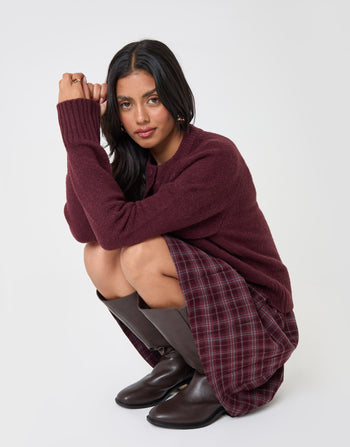 Threadbare Relaxed Fit Knitted Cardigan in Plum - sat down