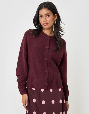 Threadbare Relaxed Fit Knitted Cardigan in Plum - front view